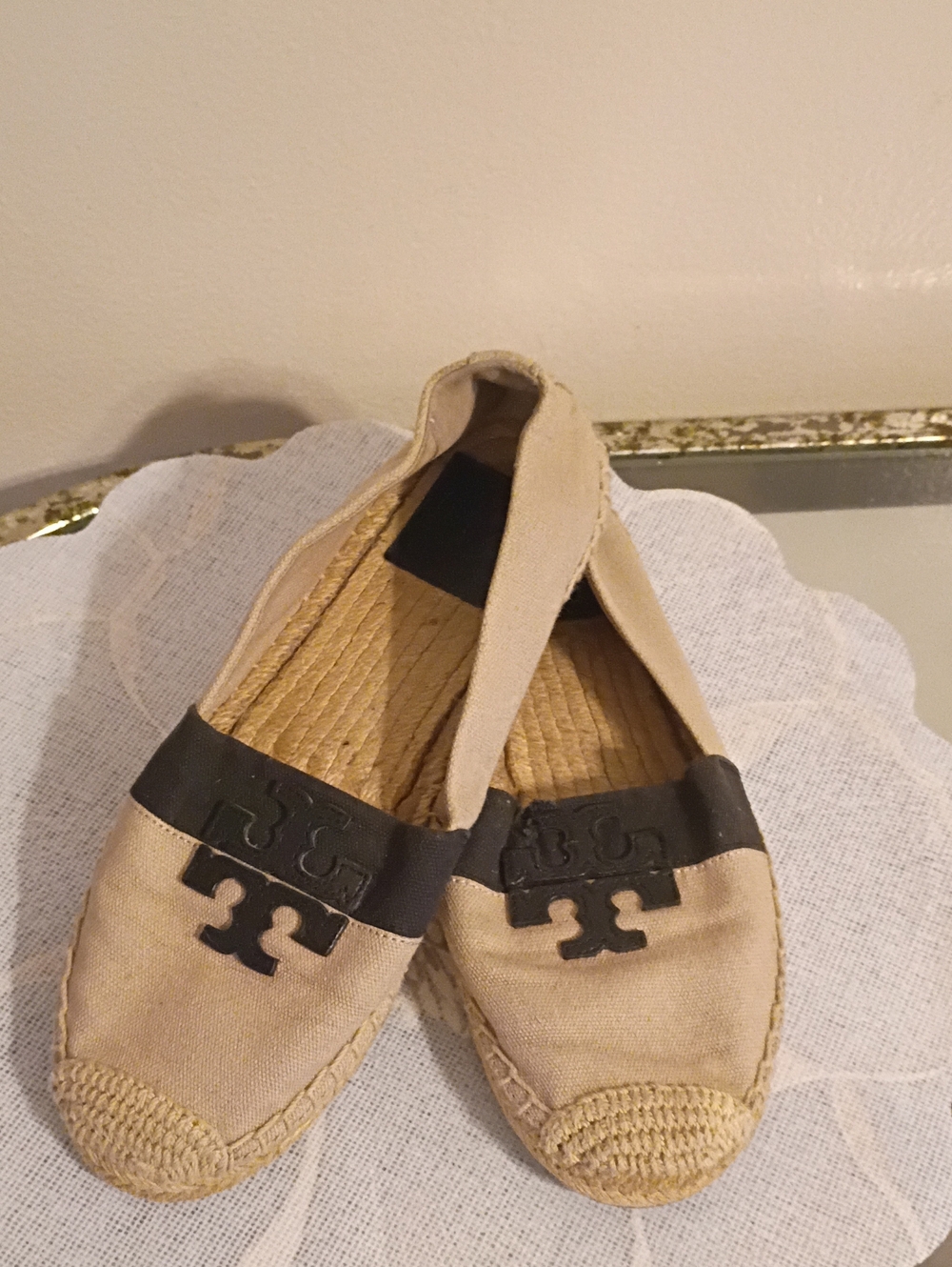 Tory Burch Beige Canvas Espadrille Flats with Black Logo Accent Size 7